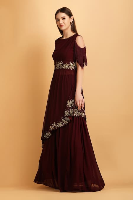 Buy_Label Ivish_Wine Viscose Zari, Embroidery Round Neck Asymmetrical Top With Skirt _Online_at_Aza_Fashions