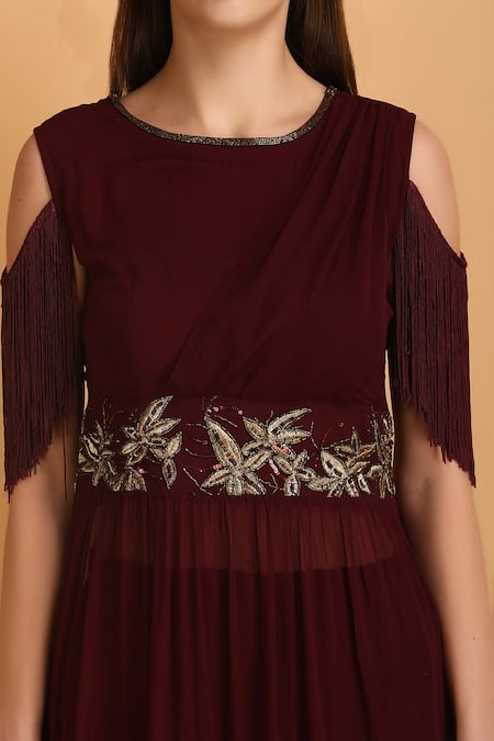 Shop_Label Ivish_Wine Viscose Zari, Embroidery Round Neck Asymmetrical Top With Skirt _Online_at_Aza_Fashions