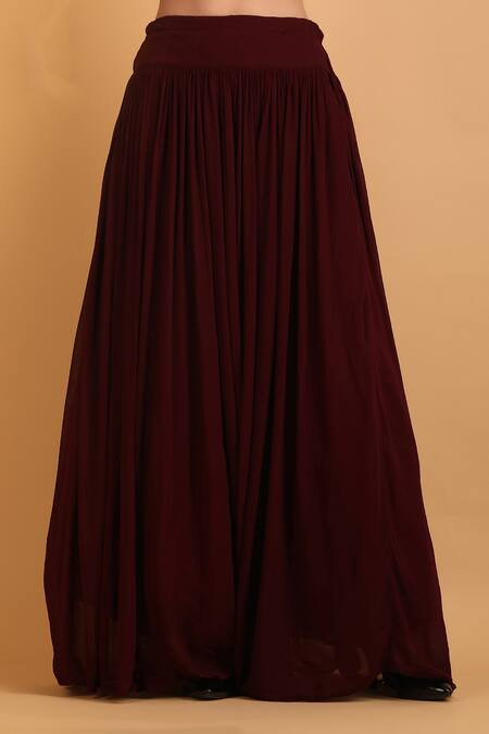 Label Ivish_Wine Viscose Zari, Embroidery Round Neck Asymmetrical Top With Skirt _at_Aza_Fashions