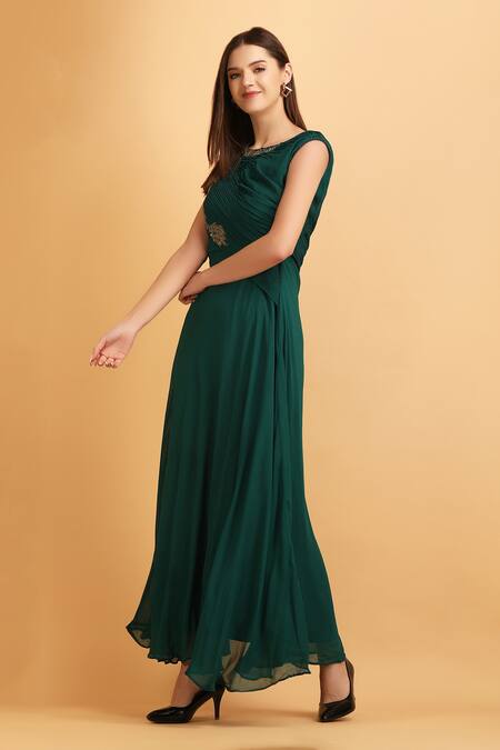Label Ivish_Emerald Green Viscose, Georgette Embroidery, Sequins Round Pleated Bodice Gown _Online_at_Aza_Fashions