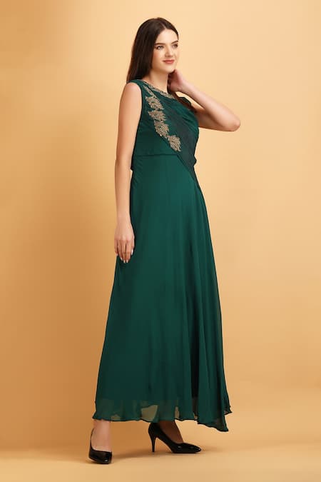 Buy_Label Ivish_Emerald Green Viscose, Georgette Embroidery, Sequins Round Pleated Bodice Gown _Online_at_Aza_Fashions