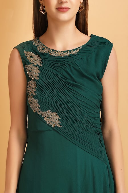 Shop_Label Ivish_Emerald Green Viscose, Georgette Embroidery, Sequins Round Pleated Bodice Gown _Online_at_Aza_Fashions