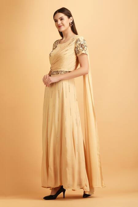 Label Ivish_Beige Viscose, Georgette Pearls, Cut Work Round Embroidered Draped Anarkali Gown _Online_at_Aza_Fashions