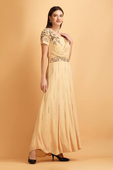 Buy_Label Ivish_Beige Viscose, Georgette Pearls, Cut Work Round Embroidered Draped Anarkali Gown _Online_at_Aza_Fashions