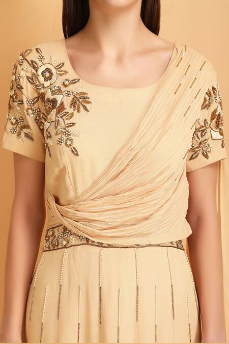 Shop_Label Ivish_Beige Viscose, Georgette Pearls, Cut Work Round Embroidered Draped Anarkali Gown _Online_at_Aza_Fashions