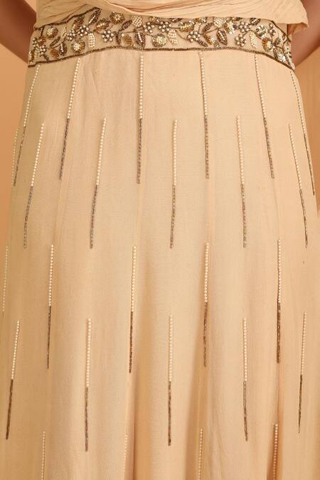 Label Ivish_Beige Viscose, Georgette Pearls, Cut Work Round Embroidered Draped Anarkali Gown _at_Aza_Fashions