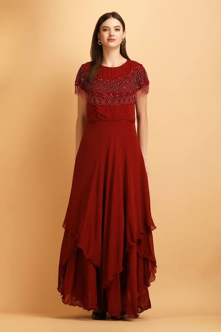 Label Ivish_Red Viscose, Georgette Cut Work, Sequins Embroidered Dana Shoulder Panel Gown _Online_at_Aza_Fashions