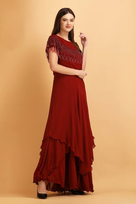 Shop_Label Ivish_Red Viscose, Georgette Cut Work, Sequins Embroidered Dana Shoulder Panel Gown _Online_at_Aza_Fashions