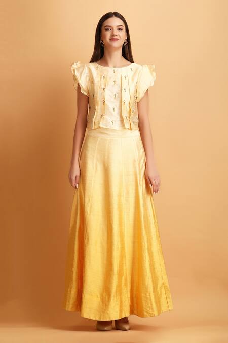 Buy_Label Ivish_Cream Viscose Embroidered Bead Round Pleated Drop Top With Ombre Skirt _Online_at_Aza_Fashions