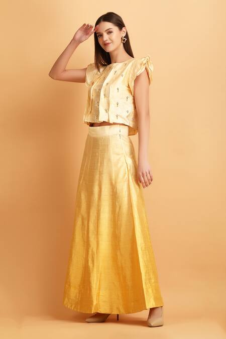 Shop_Label Ivish_Cream Viscose Embroidered Bead Round Pleated Drop Top With Ombre Skirt _Online_at_Aza_Fashions