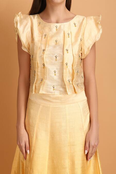 Buy_Label Ivish_Cream Viscose Embroidered Bead Round Pleated Drop Top With Ombre Skirt 