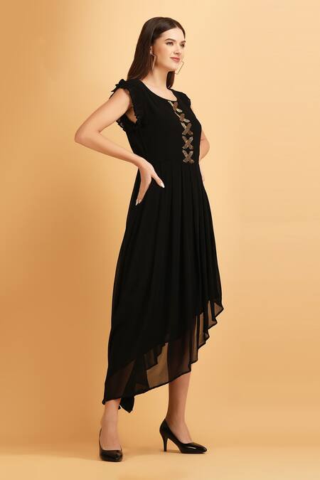 Shop_Label Ivish_Black Viscose, Georgette Cut Work Round Neck Embroidered Bodice Asymmetric Dress _Online_at_Aza_Fashions