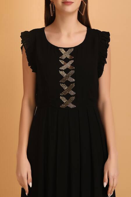 Label Ivish_Black Viscose, Georgette Cut Work Round Neck Embroidered Bodice Asymmetric Dress _at_Aza_Fashions
