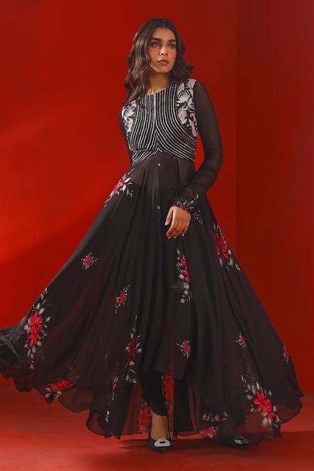 Buy_ISHA GUPTA TAYAL_Black Georgette, Crepe Embroidery Round Neck Magnolia Print Anarkali Set _Online_at_Aza_Fashions