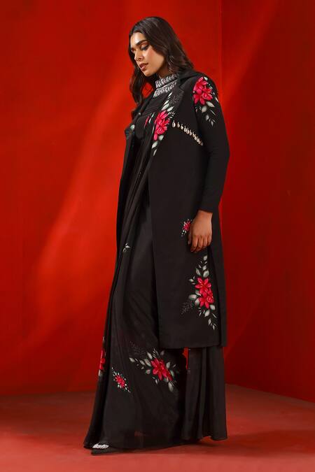 ISHA GUPTA TAYAL_Black Silk Embroidery Collared Magnolia Print Trench Coat With Belt _Online_at_Aza_Fashions