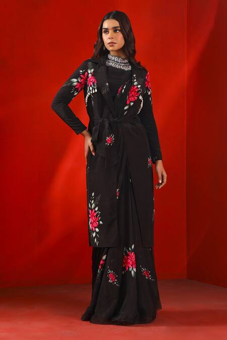 Buy_ISHA GUPTA TAYAL_Black Silk Embroidery Collared Magnolia Print Trench Coat With Belt _Online_at_Aza_Fashions