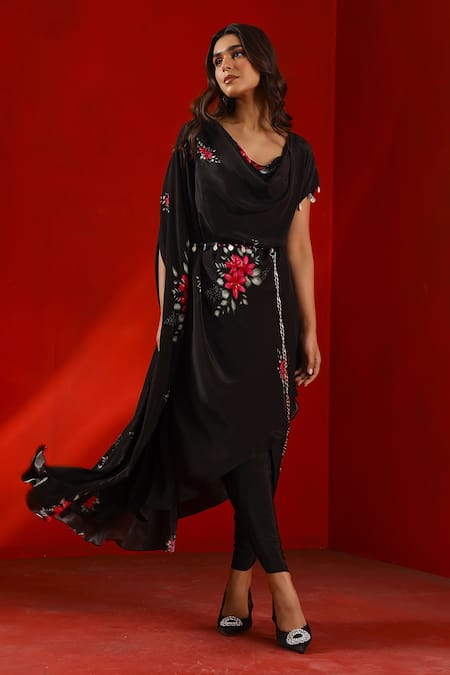 ISHA GUPTA TAYAL_Black Crepe Chains Cowl Neck Magnolia Print Kaftan Kurta And Tulip Pant Set _Online_at_Aza_Fashions