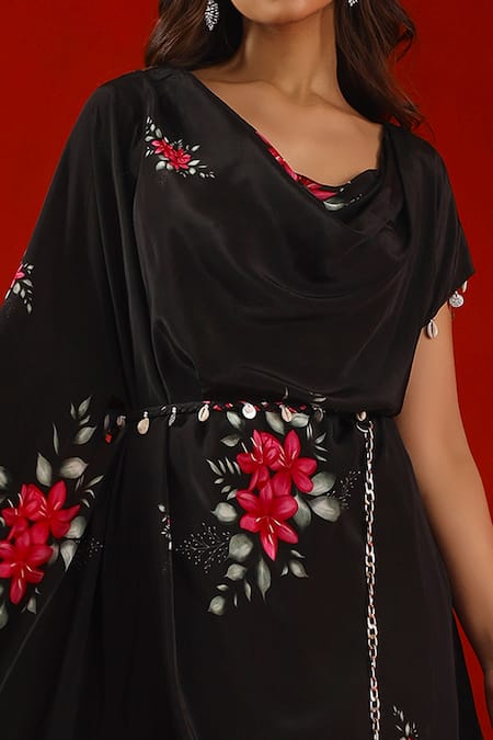 Buy_ISHA GUPTA TAYAL_Black Crepe Chains Cowl Neck Magnolia Print Kaftan Kurta And Tulip Pant Set _Online_at_Aza_Fashions