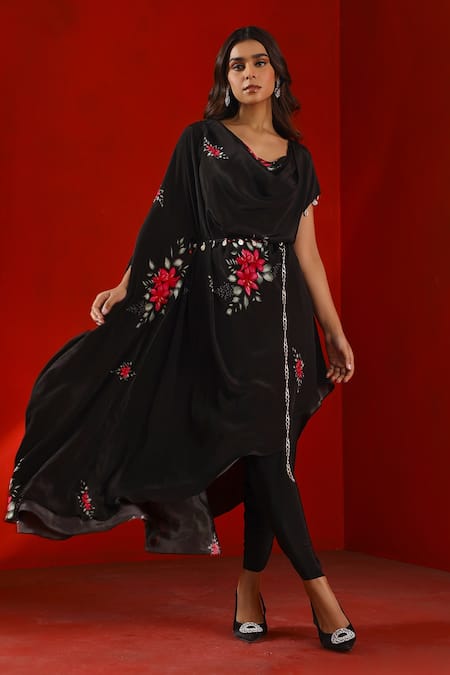 Shop_ISHA GUPTA TAYAL_Black Crepe Chains Cowl Neck Magnolia Print Kaftan Kurta And Tulip Pant Set _Online_at_Aza_Fashions