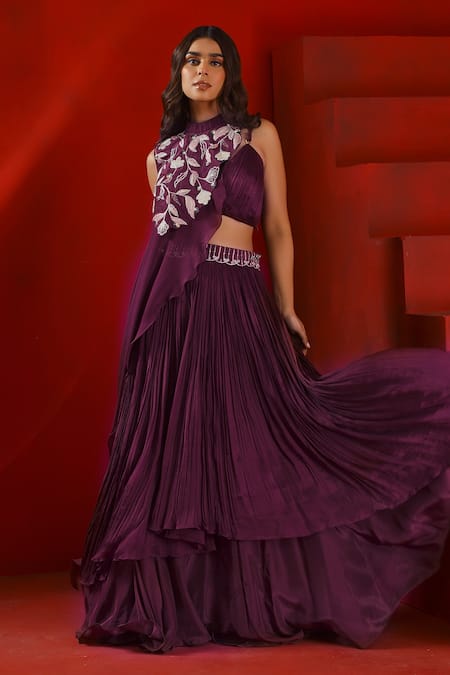 Shop_ISHA GUPTA TAYAL_Wine Georgette Embroidery, Sequins Round Embellished Drape Cape And Lehenga Set _Online_at_Aza_Fashions
