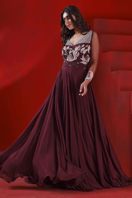 Buy ISHA GUPTA TAYAL Wine Crepe, Georgette Embroidery V-neck Yoke Flared Gown With Dupatta Online at Aza Fashions Buy_ISHA GUPTA TAYAL_Wine Crepe, Georgette Embroidery V-neck Yoke Flared Gown With Dupatta _Online_at_Aza_Fashions