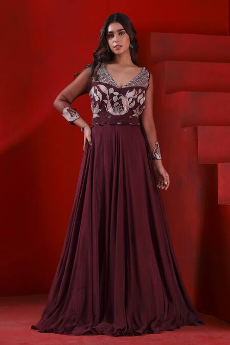 Shop ISHA GUPTA TAYAL Wine Crepe, Georgette Embroidery V-neck Yoke Flared Gown With Dupatta Online at Aza Fashions Shop_ISHA GUPTA TAYAL_Wine Crepe, Georgette Embroidery V-neck Yoke Flared Gown With Dupatta _Online_at_Aza_Fashions