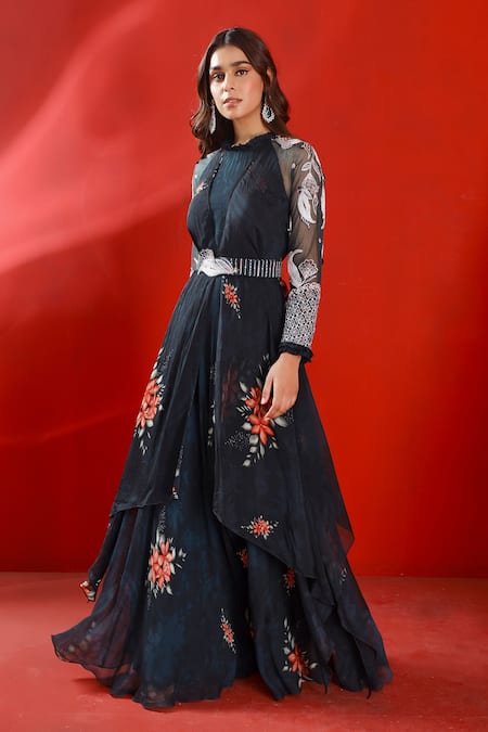 Buy_ISHA GUPTA TAYAL_Green Organza, Net, Georgette Embroidery, Cut Printed Layered Gown With Belt  _Online_at_Aza_Fashions