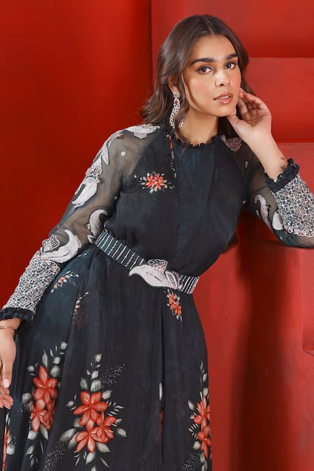 Shop_ISHA GUPTA TAYAL_Green Organza, Net, Georgette Embroidery, Cut Printed Layered Gown With Belt  _Online_at_Aza_Fashions