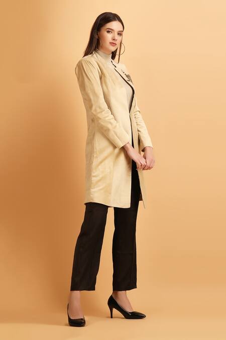 Buy_Label Ivish_Beige Polyester Mandarin Collar Sequin Floral Pattern Coat With Pant _Online_at_Aza_Fashions