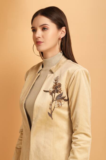 Shop_Label Ivish_Beige Polyester Mandarin Collar Sequin Floral Pattern Coat With Pant _Online_at_Aza_Fashions
