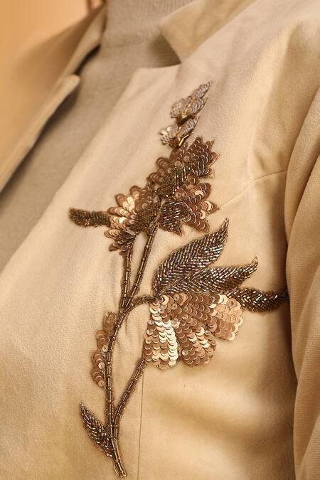 Label Ivish_Beige Polyester Mandarin Collar Sequin Floral Pattern Coat With Pant _at_Aza_Fashions