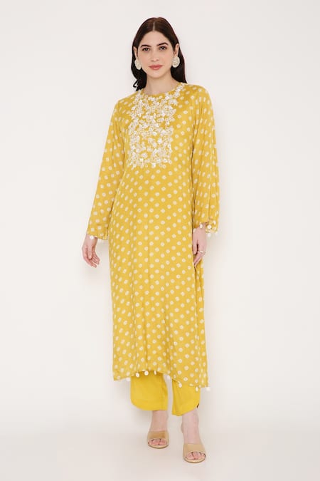 Bha Sha Yellow Muslin, Net Sequins, Beads Round Neck Ika Bandhani Print Kurta Pant Set Online at Aza Fashions Bha Sha_Yellow Muslin, Net Sequins, Beads Round Neck Ika Bandhani Print Kurta Pant Set _Online_at_Aza_Fashions