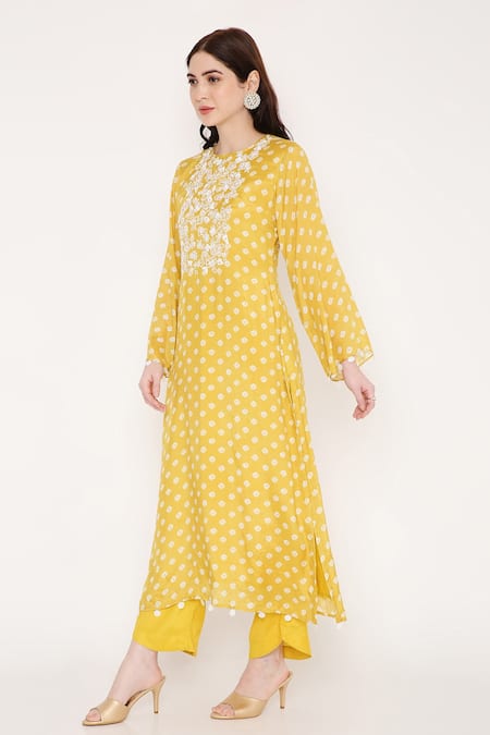 Buy Bha Sha Yellow Muslin, Net Sequins, Beads Round Neck Ika Bandhani Print Kurta Pant Set Online at Aza Fashions Buy_Bha Sha_Yellow Muslin, Net Sequins, Beads Round Neck Ika Bandhani Print Kurta Pant Set _Online_at_Aza_Fashions