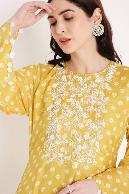 Shop Bha Sha Yellow Muslin, Net Sequins, Beads Round Neck Ika Bandhani Print Kurta Pant Set Online at Aza Fashions Shop_Bha Sha_Yellow Muslin, Net Sequins, Beads Round Neck Ika Bandhani Print Kurta Pant Set _Online_at_Aza_Fashions