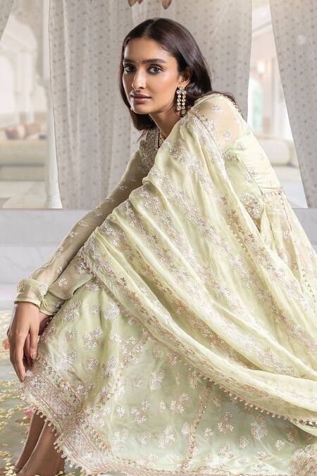 Mulmul Green 100% Pure Mulmul Embroidery Thread Iktara Zari Anarkali Set Online at Aza Fashions Mulmul_Green 100% Pure Mulmul Embroidery Thread Iktara Zari Anarkali Set _Online_at_Aza_Fashions