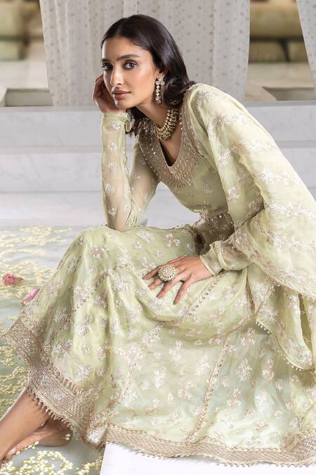 Buy Mulmul Green 100% Pure Mulmul Embroidery Thread Iktara Zari Anarkali Set Online at Aza Fashions Buy_Mulmul_Green 100% Pure Mulmul Embroidery Thread Iktara Zari Anarkali Set _Online_at_Aza_Fashions