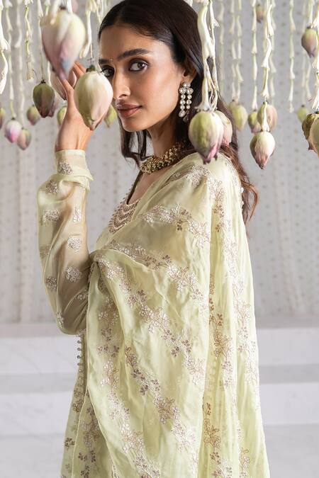 Mulmul Green 100% Pure Mulmul Embroidery Thread Iktara Zari Anarkali Set at Aza Fashions Mulmul_Green 100% Pure Mulmul Embroidery Thread Iktara Zari Anarkali Set _at_Aza_Fashions