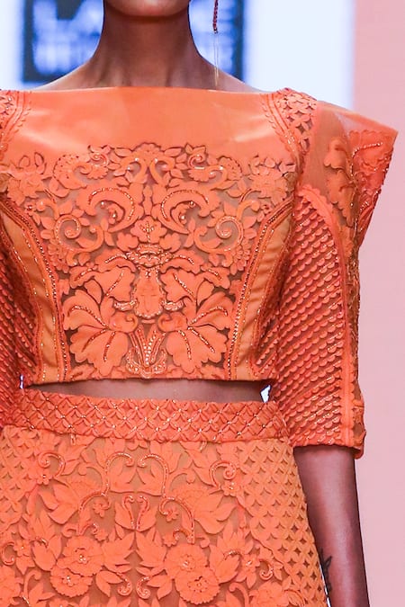 Pankaj & Nidhi_Orange Tulle, Jersey Floral Appliques Straight Solarium Hand Embellished Top_Online_at_Aza_Fashions