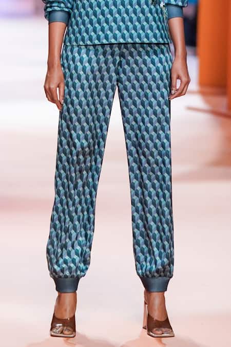 Pankaj & Nidhi_Green Pant Satin, Top Neoprene Dawn Embellished Sweatshirt And Sweatpant Set_Online_at_Aza_Fashions