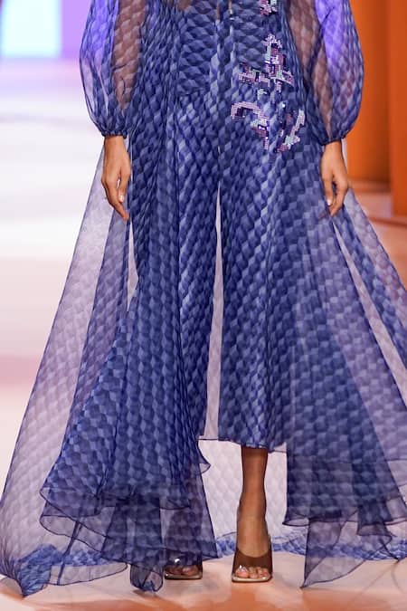 Pankaj & Nidhi_Purple Cape Organza, Inner Jersey, Pants Satin Twill Dawn Printed And Set_Online_at_Aza_Fashions