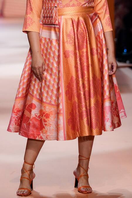 Pankaj & Nidhi_Orange Skirt Quilted Satin, Top Moss Crepe Floral And Solana Bodycon And Set_Online_at_Aza_Fashions