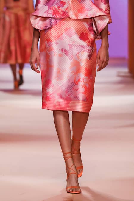 Pankaj & Nidhi_Pink Twill Lined With Floral And Syrus Peplum Top And Skirt Set_Online_at_Aza_Fashions