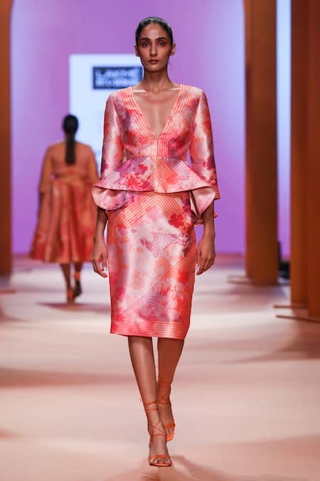 Buy_Pankaj & Nidhi_Pink Twill Lined With Floral And Syrus Peplum Top And Skirt Set_Online_at_Aza_Fashions