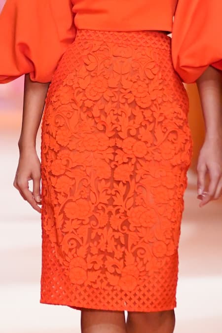 Pankaj & Nidhi_Orange Skirt Tulle, Top Jersey Floral Appliques Soleil Puff Sleeve And Set_Online_at_Aza_Fashions