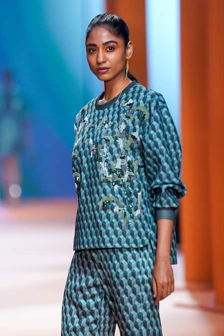 Buy_Pankaj & Nidhi_Green Pant Satin, Top Neoprene Dawn Embellished Sweatshirt And Sweatpant Set_Online_at_Aza_Fashions