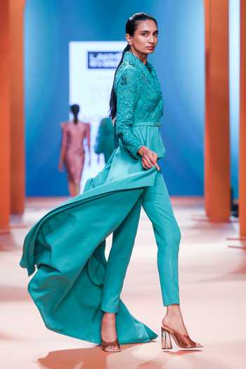 Buy_Pankaj & Nidhi_Blue Tulle, Moss Crepe Floral Notched Lapel Helios Embellished High Low Jacket_Online_at_Aza_Fashions