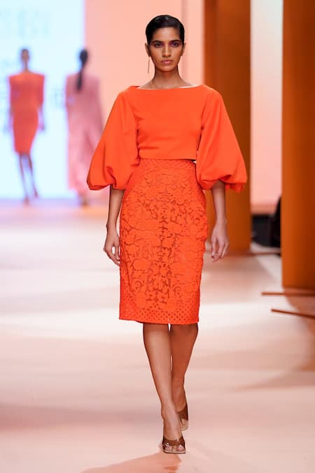 Shop_Pankaj & Nidhi_Orange Skirt Tulle, Top Jersey Floral Appliques Soleil Puff Sleeve And Set_Online_at_Aza_Fashions