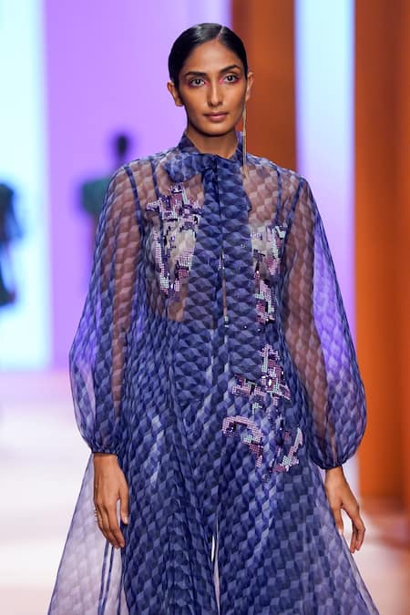 Buy_Pankaj & Nidhi_Purple Cape Organza, Inner Jersey, Pants Satin Twill Dawn Printed And Set_Online_at_Aza_Fashions