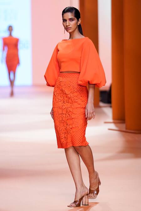 Pankaj & Nidhi_Orange Jersey Straight Neck Soleil Puff Sleeve Top_Online_at_Aza_Fashions