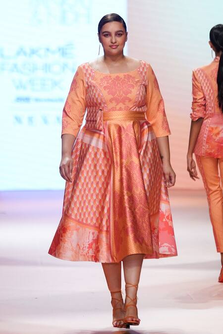 Pankaj & Nidhi_Orange Skirt Quilted Satin, Top Moss Crepe Floral And Solana Bodycon And Set_at_Aza_Fashions